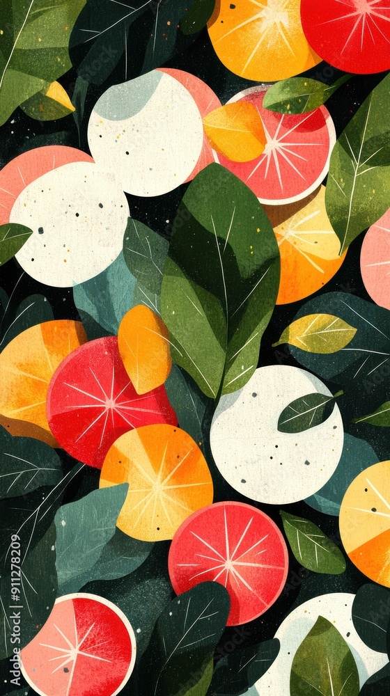 Sticker Colorful Fruits and Leaves Illustration