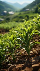  view photo from drone of growing maize field in rural agricultural industrail area 