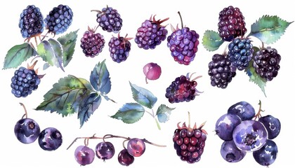 Delicate Watercolor Illustrations of Blackberries and Currants on White Background