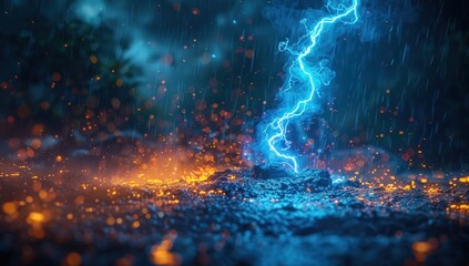 Fototapeta premium A dramatic and powerful lightning strike illuminates the dark night sky