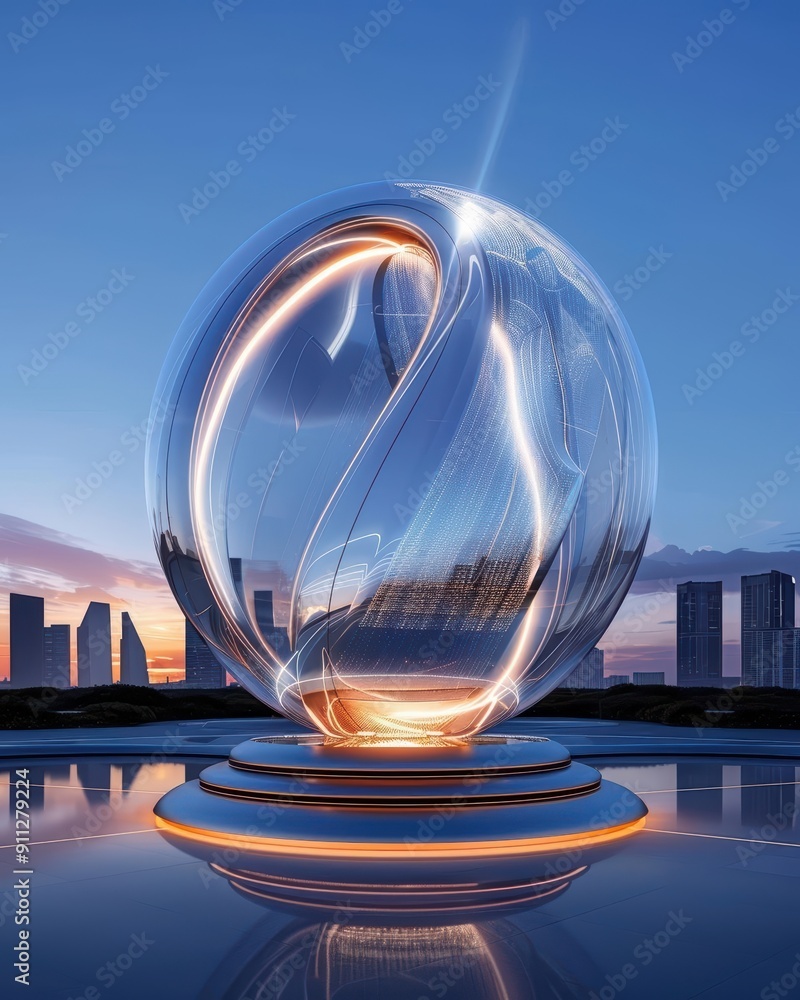Poster a futuristic transparent orb shines with glowing lights against a city skyline during twilight, crea