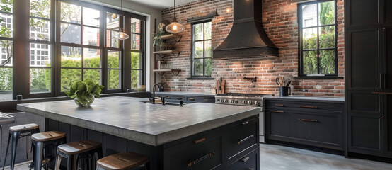 This stylish kitchen showcases unique brick walls, elegant black cabinetry, and a spacious, inviting island, perfect for any culinary enthusiast