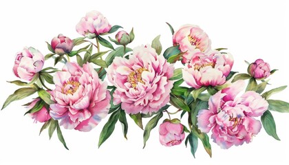 Bouquet of Lush Pink Peonies With Green Leaves Against a White Background