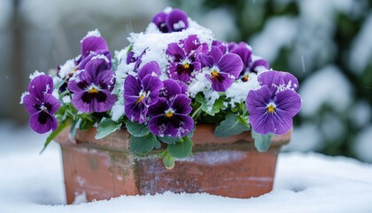 Vibrant Purple Pansy Flowers Covered in Snow During Winter in a Garden