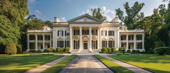 Obraz premium A large white house with a large lawn and a driveway