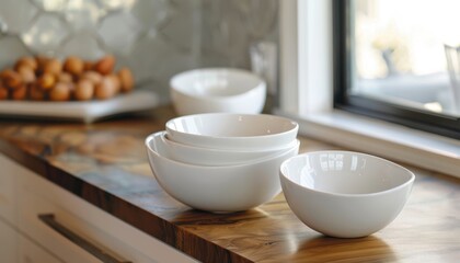 White Ceramic Bowls Stacked Neatly on a Wooden Kitchen Counter With Fresh Baked Goods Nearby