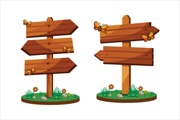 Vector cartoon wooden arrow sign with different angles showing directions, with rustic wood and nails. Isolated icon illustration on white background.