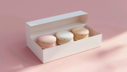 Delicate Macarons in Pastel Colors Inside a White Box on a Soft Pink Background