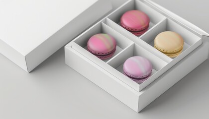 Beautifully Arranged Colorful Macarons in a Chic White Box on a Table