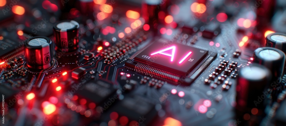 Poster close-up of a circuit board with a chip that says ai.
