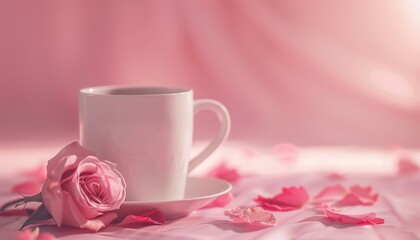 Elegant White Cup and Saucer With Pink Rose on Soft Pink Background