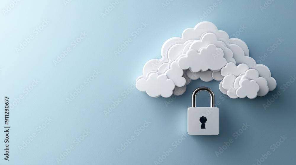 Poster secure cloud storage concept with lock and clouds