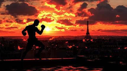 A boxer is running in paris with the Eiffel Tower in the background