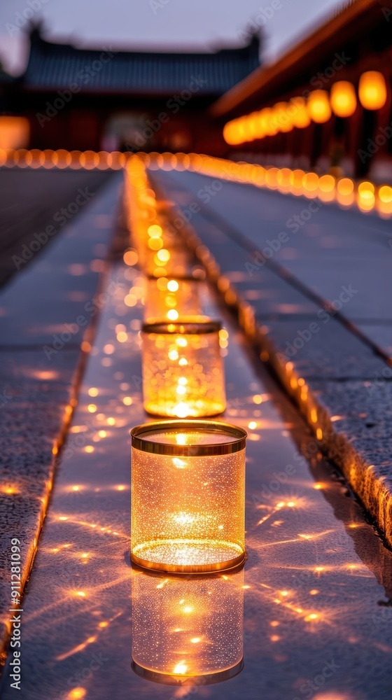 Poster a serene pathway adorned with glowing lanterns reflecting in water, creating a tranquil evening atmo