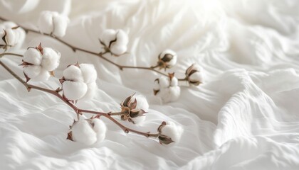 Delicate Cotton Branches Resting on Soft White Fabric Under Natural Light