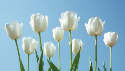 Elegant White Tulips Blooming Under Clear Blue Sky in Springtime Garden
