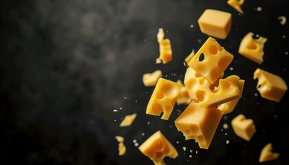 Cheese Cubes Floating in Mid-Air With a Dark Background During a Culinary Display