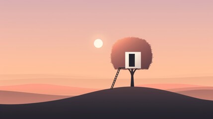 Naklejka premium A plain treehouse with an uncomplicated ladder, minimalist approach, 2D vector, basic shapes, neutral colors