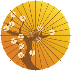 Golden parasol with a cherry tree branch design, ideal for projects related to japanese culture, traditions, and aesthetics © nsit0108