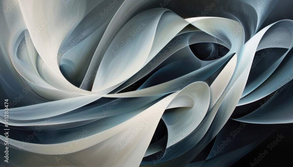 Poster abstract swirls of white and blue form fluid shapes on dark background in art display