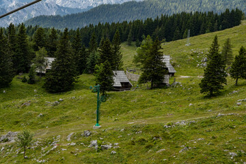 Velika Planina, Kamnik, Slovenia. Lord of the Rings style village. Wooden typical houses, hills,...