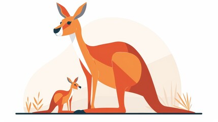 Fototapeta premium Kangaroo and pouch, minimalistic vector art, clean and basic, flat design, soft colors, simplistic and plain, isolated on white