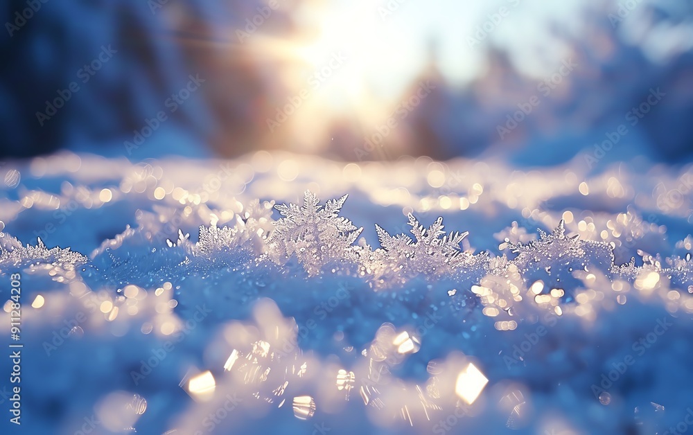 Wall mural Bright winter sun reflecting off fresh snow, sparkling crystals, photorealistic, 8K resolution