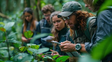 Group of Students on a Nature Field Trip Observing Plants