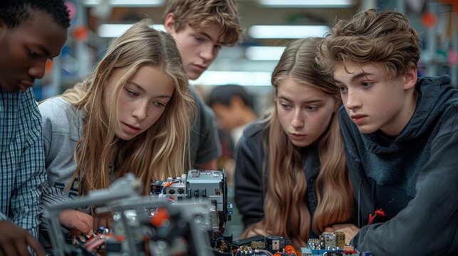 Diverse Group of High School Students Collaborating on Robotics Project