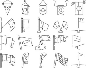 flag start web pennant map icons set vector. banner symbol, location pole, shape mark, finish event, red flagpole, waving pin flag start web pennant map black contour illustrations