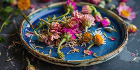 Fototapeta premium Colorful dried chamomile and rose flower. Generation of Ai
