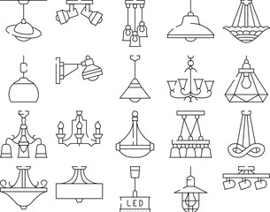 Obraz premium lamp ceiling light interior home icons set vector. room bulb, decor chandelier, wall electric, bright decoration, metal style lamp ceiling light interior home black contour illustrations