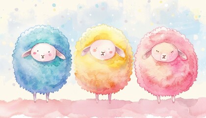 Three Adorable Farm Sheep Standing Together in Vibrant Colors Against a Soft Background