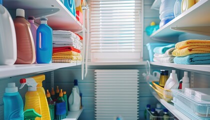 Organized Cleaning Supply Storage Area With Colorful Bottles and Fresh Towels