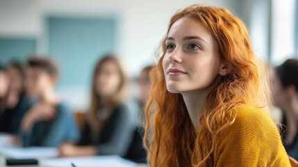 Fototapeta premium Happy college student during a lecture in the classroom looking at camera.