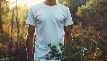 Man Standing in Natural Light Surrounded by Greenery During Golden Hour in a Forest