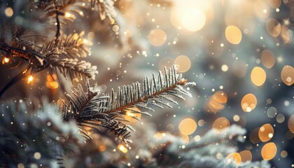 Sparkling Snowflakes Falling on Pine Tree Branches Illuminated by Warm Holiday Lights in a Winter Wonderland