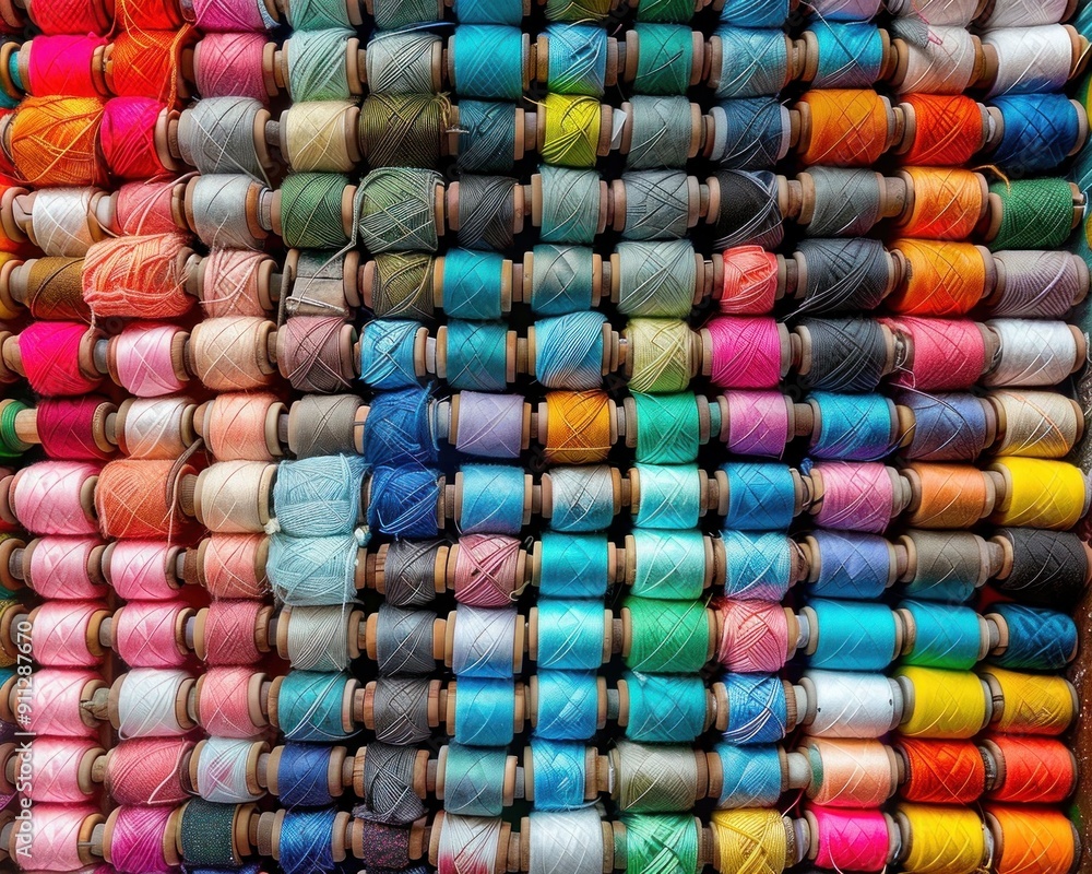 Poster colorful spools of thread arranged in a vibrant pattern on a textured background, showcasing a varie