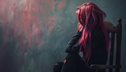 Young Woman Seated Alone in a Chair Contemplating Life Against a Colorful Background