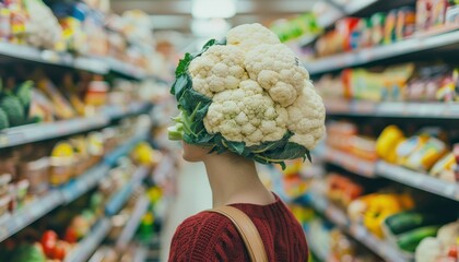 Individual Wearing Cauliflower Headpiece While Shopping in Colorful Grocery Aisle During Daytime Hours