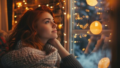 Young Woman Enjoying Cozy Evening While Gazing Out Window Surrounded by Soft Ambient Lights
