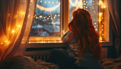 A Young Girl With Long Red Hair Watches the Snowfall From Her Cozy Window in Winter Evening