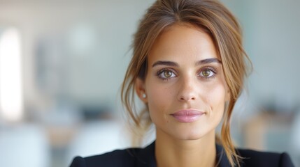 A woman in a formal dress, sitting in a conference room, giving a confident presentation during an interview