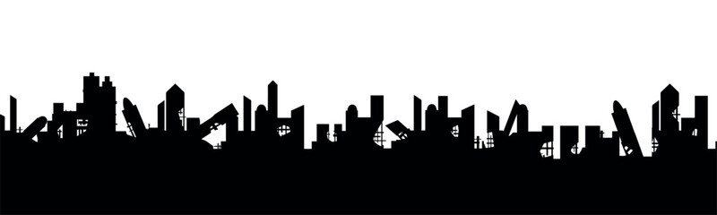 Silhouette of a destroyed city on a white background. Ruins after a war or earthquake, a disaster in the city. Vector.