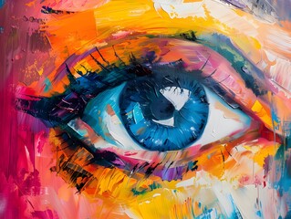 Abstract eye, acrylic paint colorful brush strokes, vibrant colors, eye iris.