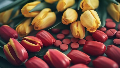 Colorful Arrangement of Yellow Tulips and Red Pills on a Floral Background During Daytime