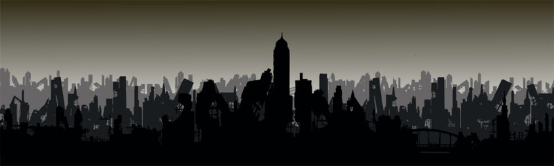 Panarma ruined city. Terrible evening twilight. Earthquake or war. Sad landscape of destruction. Vector.