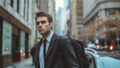 Young Professional Walking Through Busy City Streets on a Cloudy Day