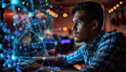 Focused Young Man Engaged in Technology While Using Computer in Modern Workspace at Night