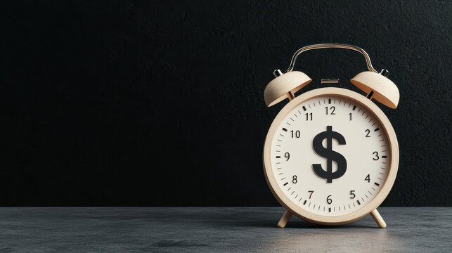 Classic alarm clock with dollar symbol on the face against a dark background, representing time is money concept. - Powered by Adobe